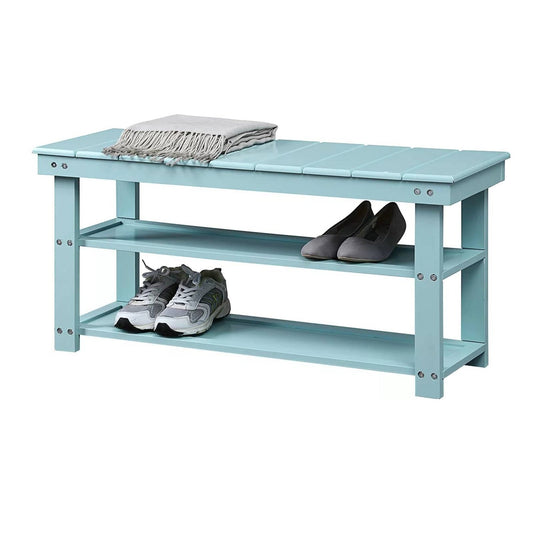 Sea Foam Aqua Blue Wood 2-Shelf Shoe Rack Storage Bench for Entryway or Closet with shoes and a scarf on display