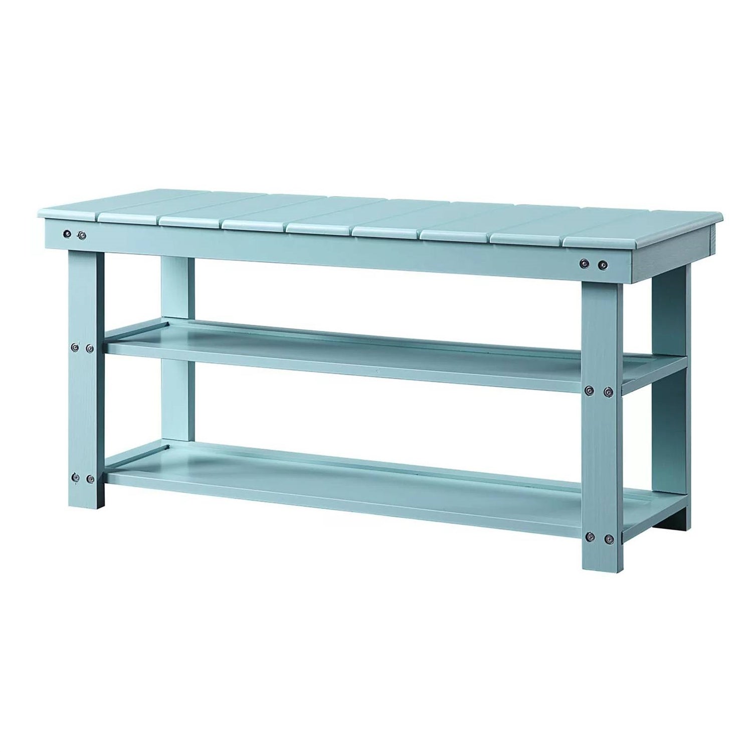 Sea Foam Aqua Blue Wood 2-Shelf Shoe Rack Storage Bench for Entryway or Closet with planked top and modern design.