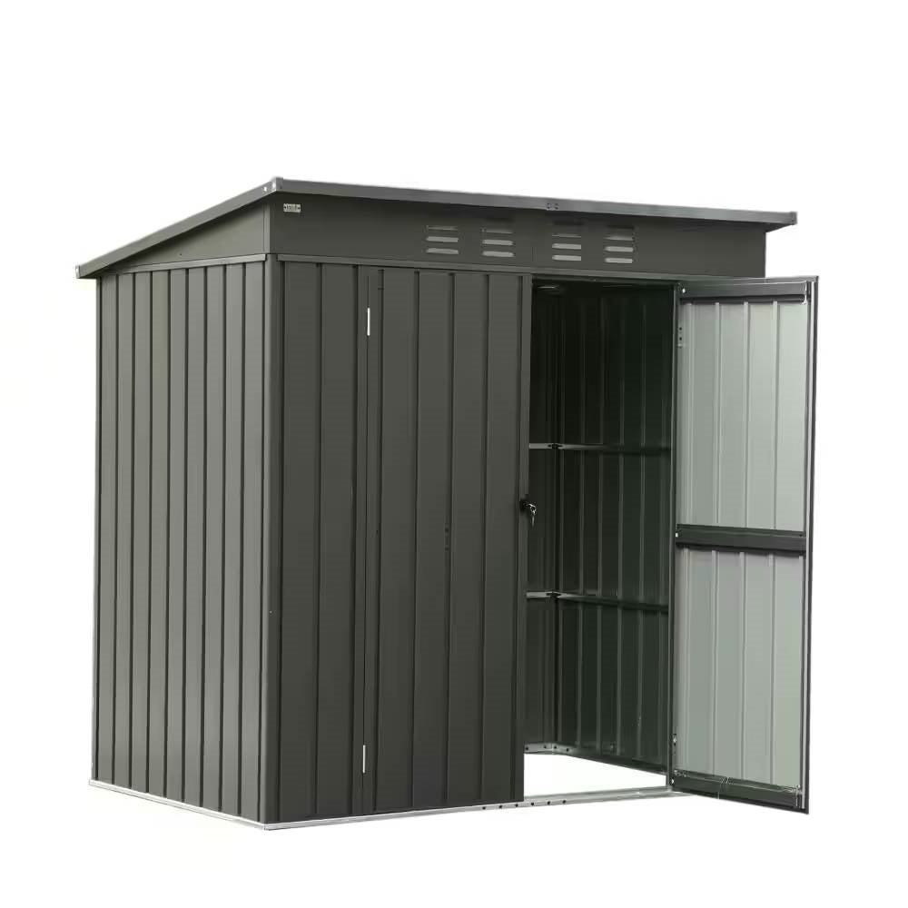 Outdoor Black Galvanized Steel Metal Storage Shed - 6ft. x 4 ft. with open door showing interior space and sloped roof.