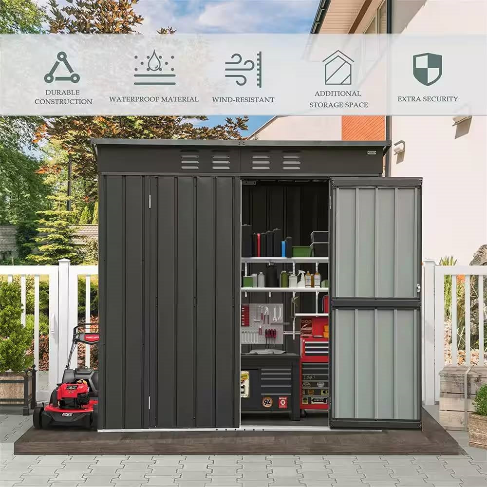 Outdoor Black Galvanized Steel Metal Storage Shed - 6ft. x 4 ft. with open double doors showcasing interior storage.