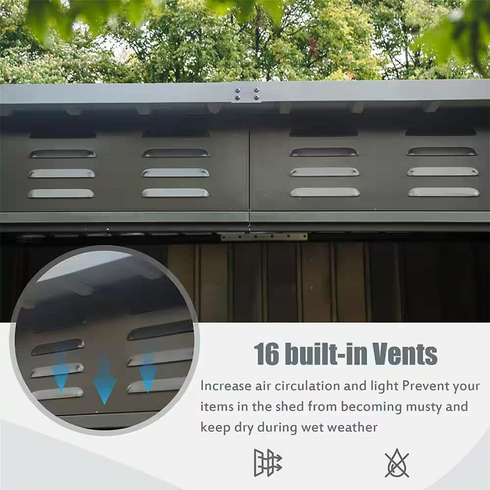 16 built-in vents on Outdoor Black Galvanized Steel Metal Storage Shed - 6ft. x 4 ft. improve ventilation and prevent moisture.