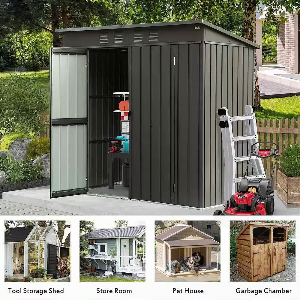 Outdoor Black Galvanized Steel Metal Storage Shed - 6ft. x 4 ft. with open doors, tools inside, and lawn equipment outside