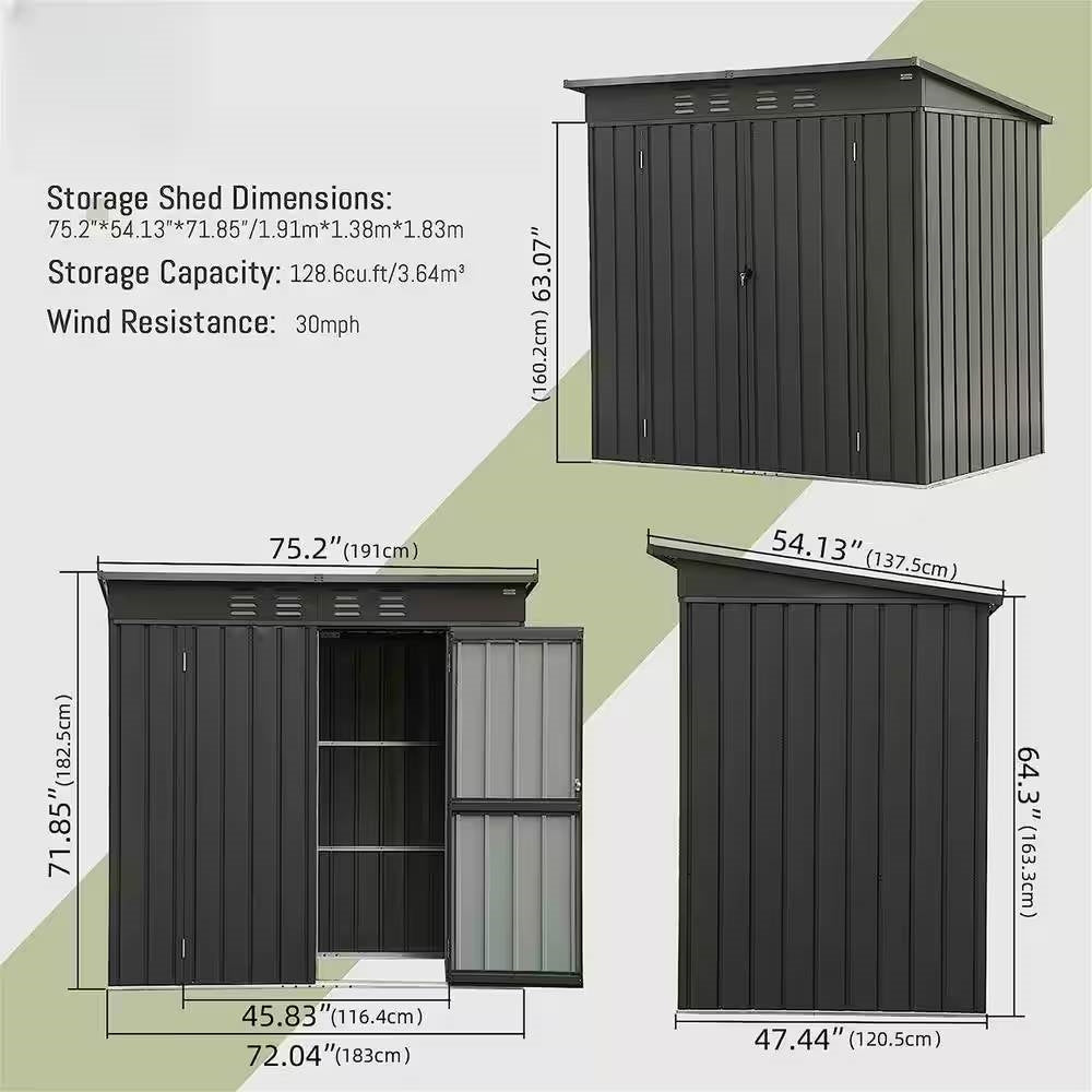 Outdoor Black Galvanized Steel Metal Storage Shed - 6ft. x 4 ft. with dimensions and wind resistance details