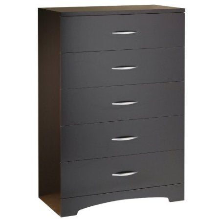 Modern 5 Drawer Bedroom Chest in Chocolate Finish with matte chrome handles, curved kick plate, and contemporary design