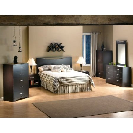 Bedroom showcasing Modern 5 Drawer Bedroom Chest in Chocolate Finish with matching furniture, bed, and lamps.