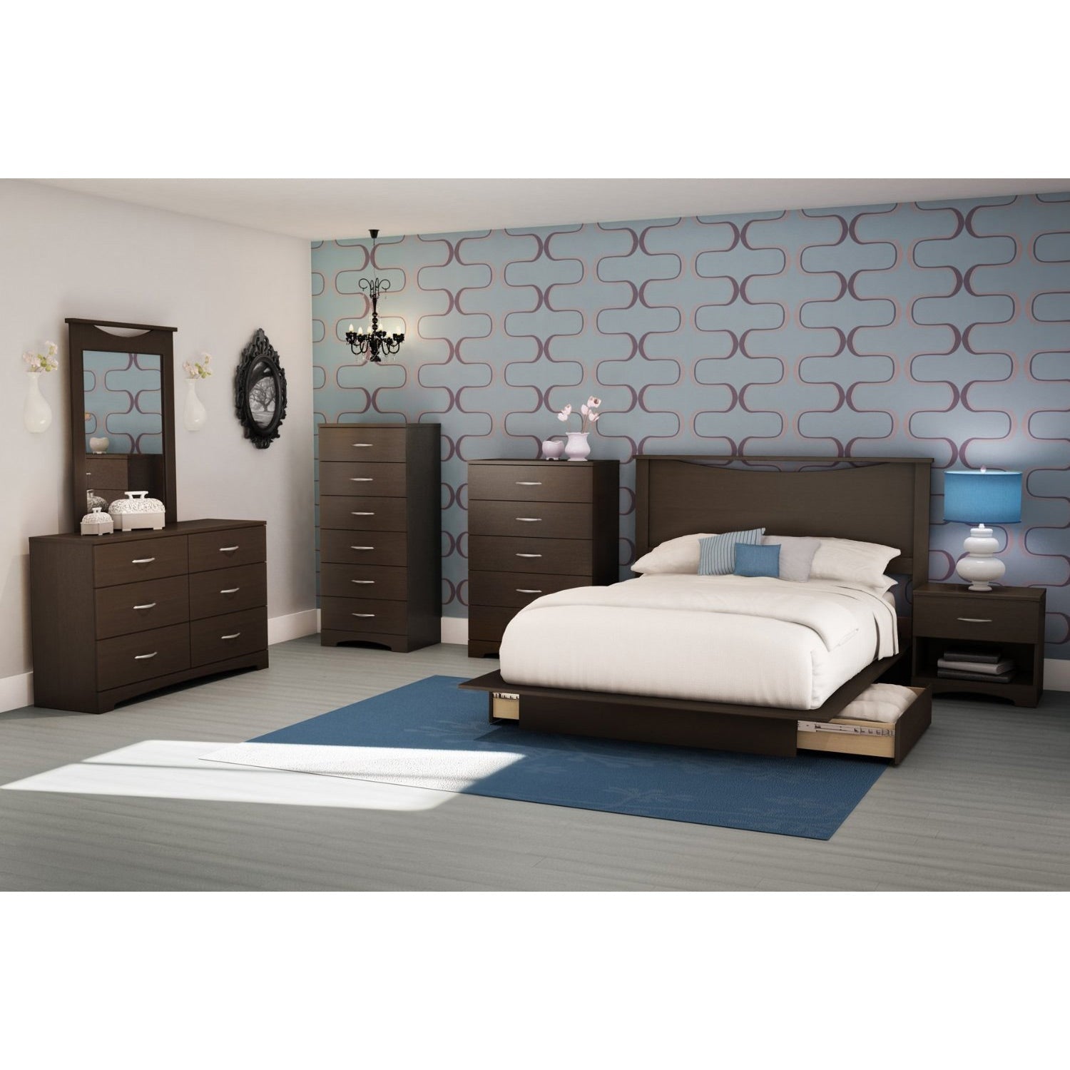 Bedroom set featuring Modern 5 Drawer Bedroom Chest in Chocolate Finish with matching decor