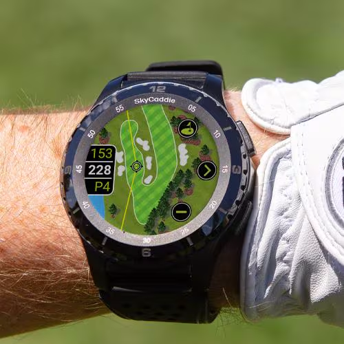 SkyCaddie ® LX5 Ceramic Bezel smartwatch displaying golf course map on wrist