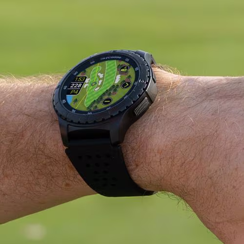 SkyCaddie ® LX5 golf GPS watch with color touchscreen displaying course map on golfer's wrist