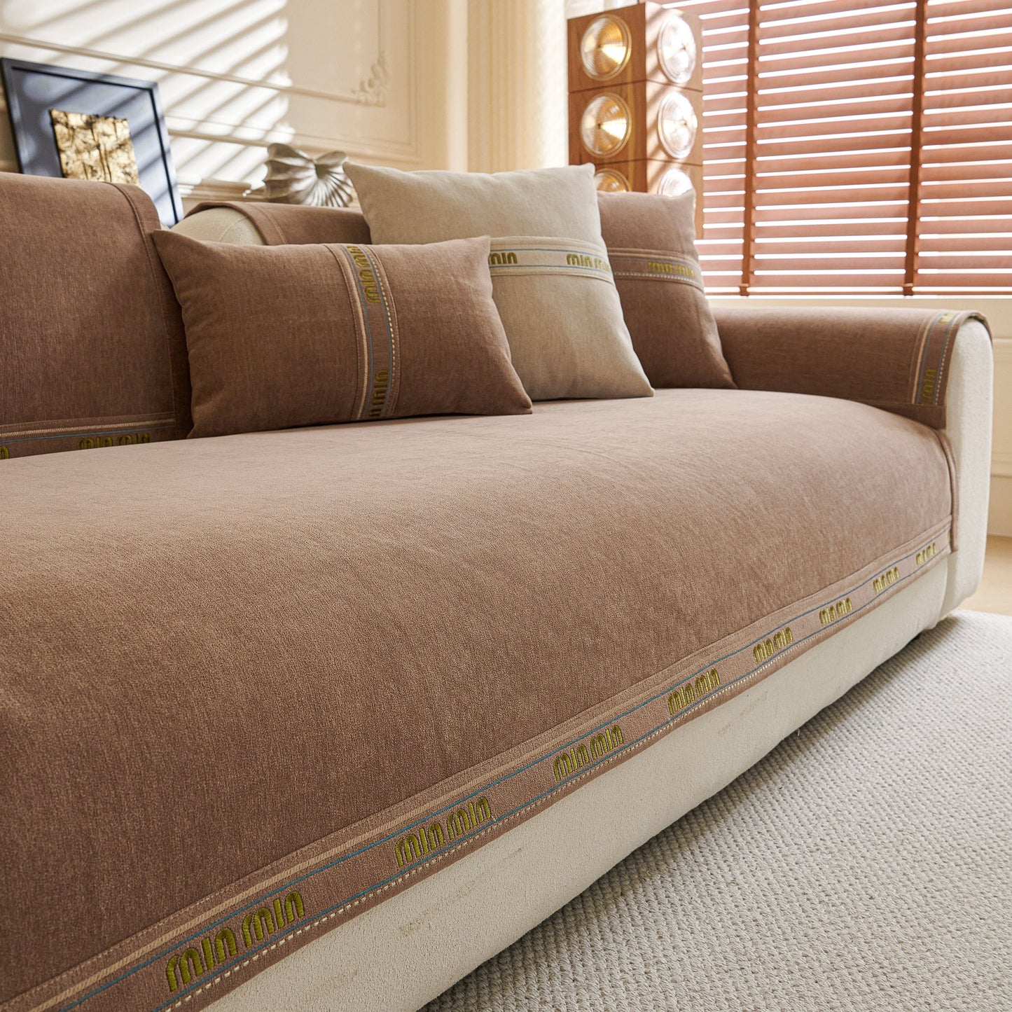 Chenille Sofa Cover Pet Mat, Non-Slip Couch Protector for Sectional & L-Shaped Sofas in a living room setting
