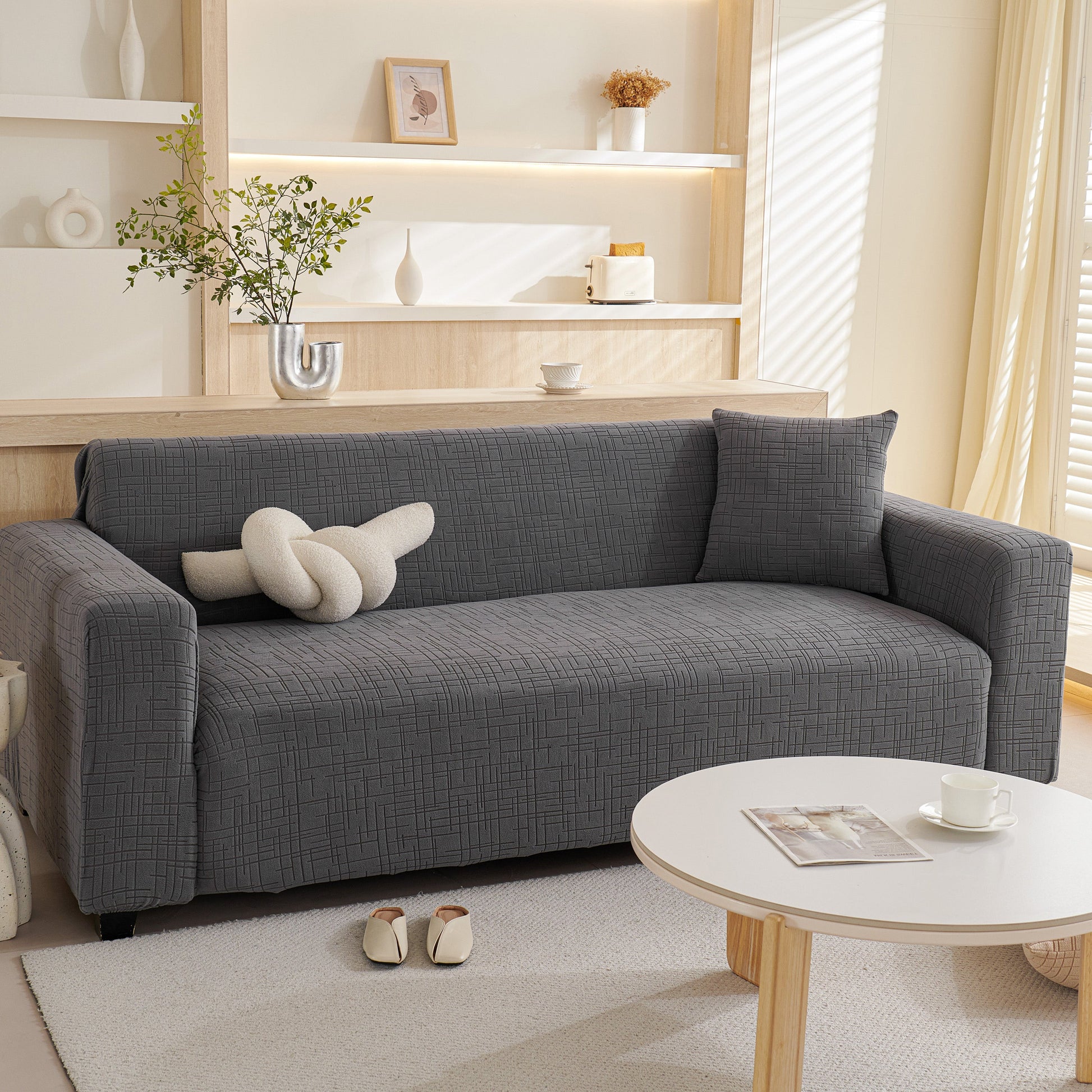 Embossed Lines Couch Covers Stretchable Non-Slip & Washable Sofa Slipcovers in modern living room