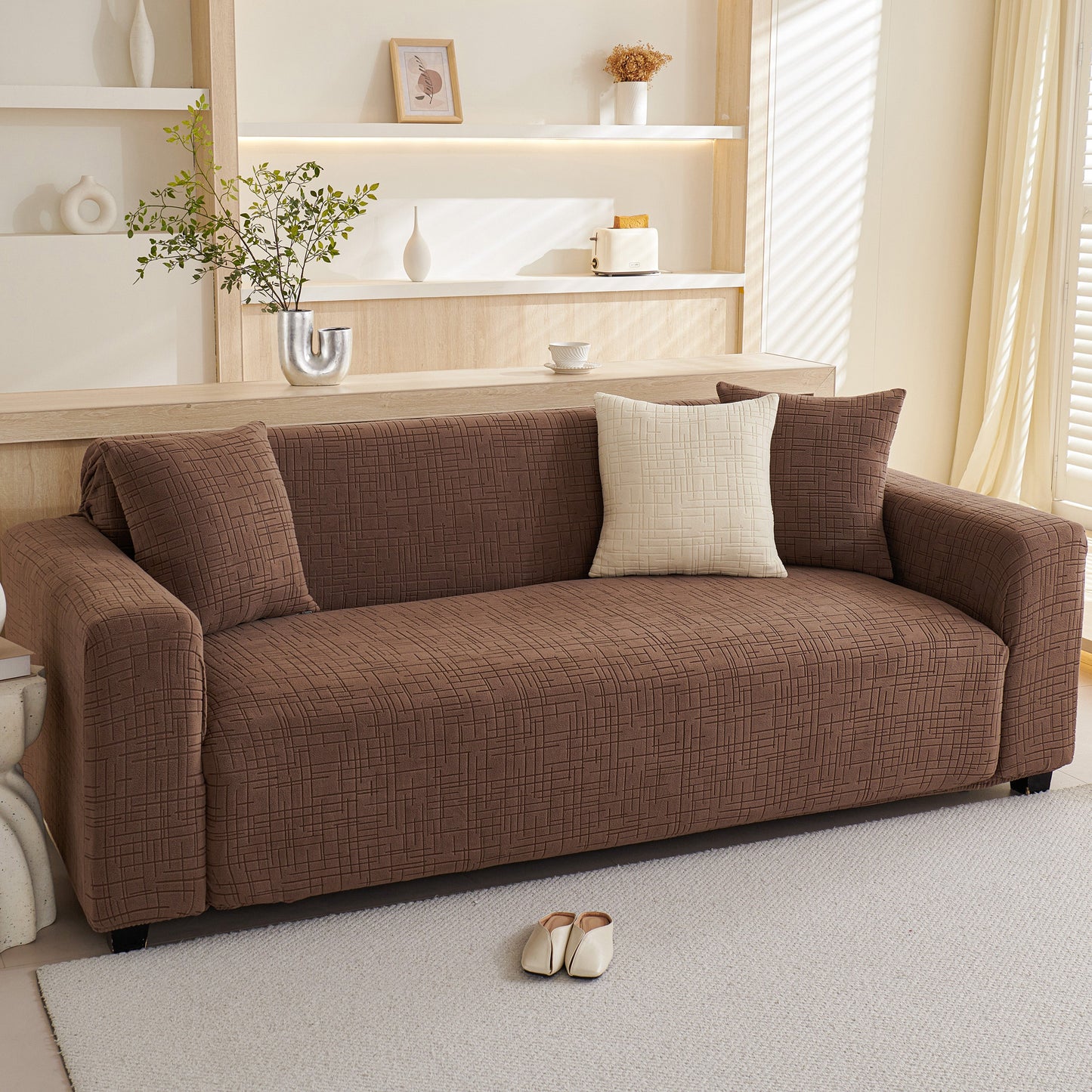 Embossed Lines Couch Covers Stretchable Non-Slip & Washable Sofa Slipcovers on brown sofa in living room