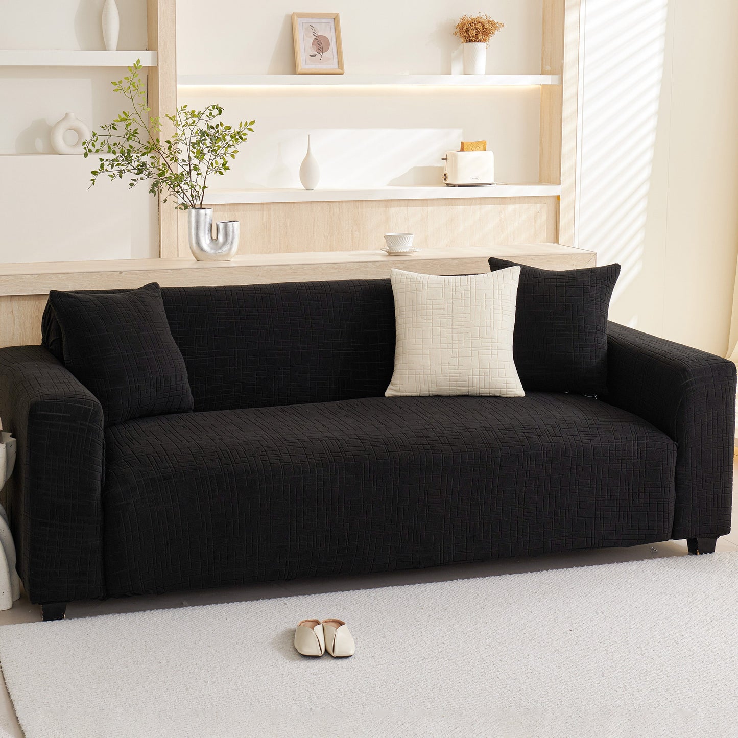 Embossed Lines Couch Covers Stretchable Non-Slip & Washable Sofa Slipcovers on black couch
