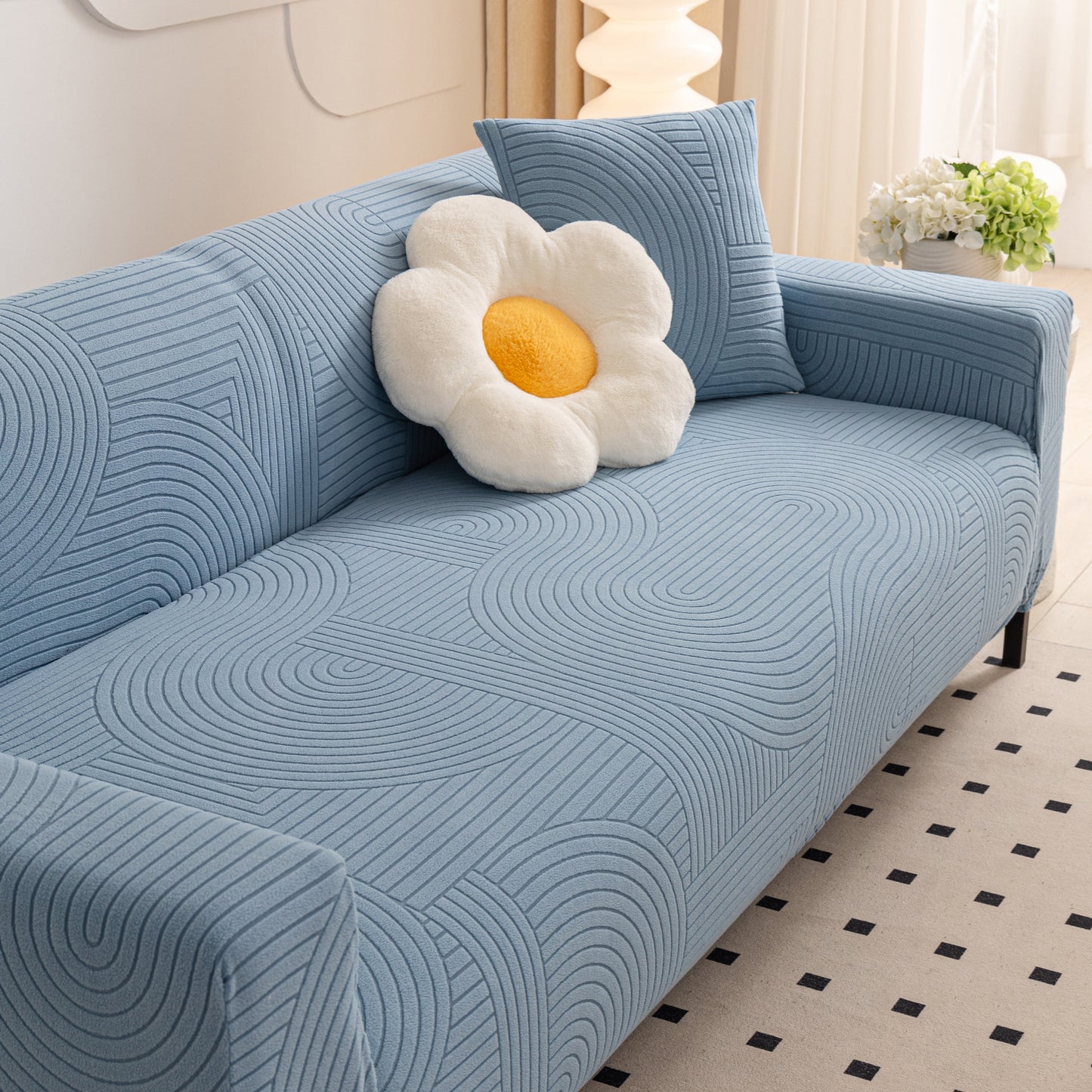 Fleece Stretch Sofa Slipcover Washable Soft Spandex Couch Cover Furniture Protector with geometric wave pattern in modern living room