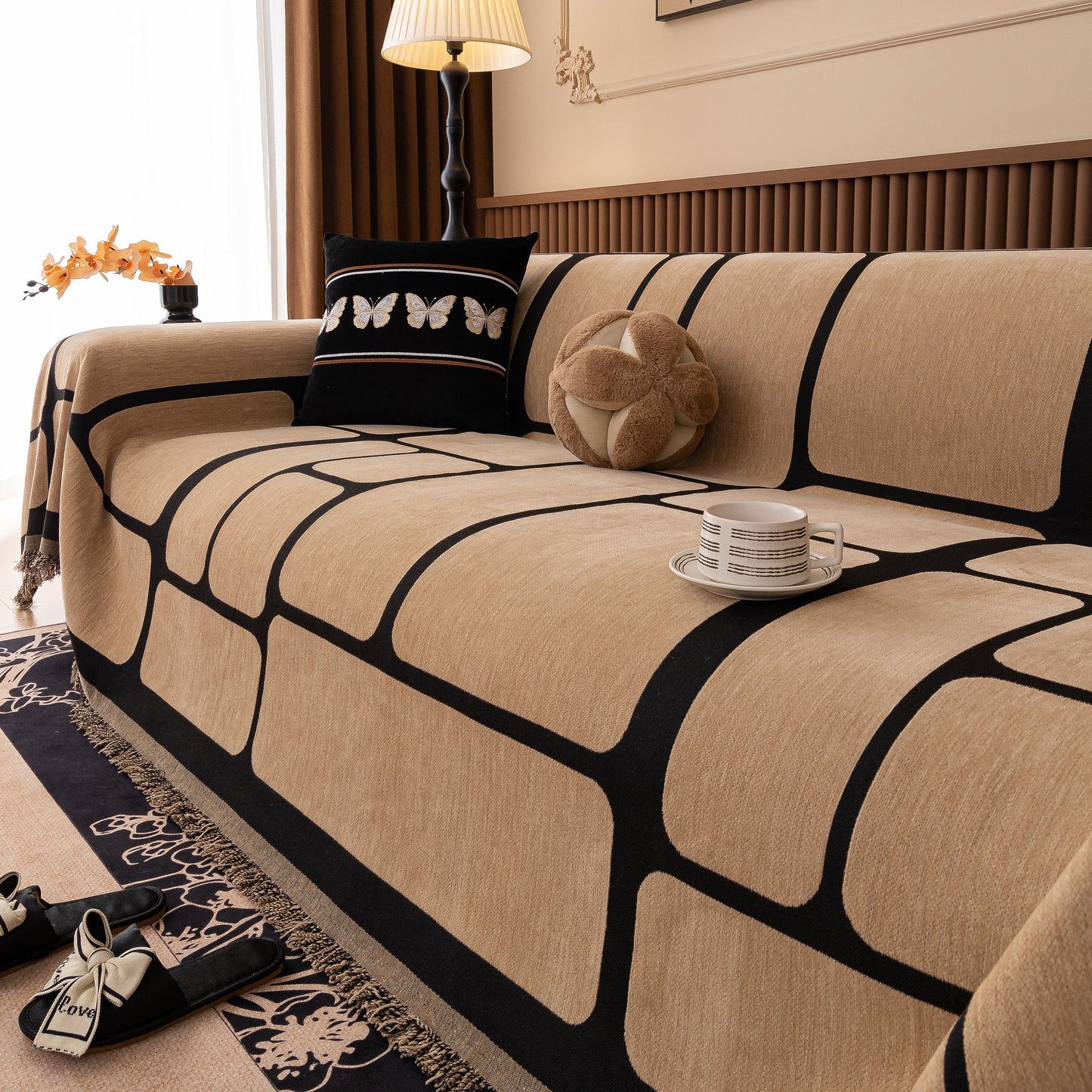 Modern Geometric Sofa Cover Decorative Couch Throw Blanket Furniture Protector with chenille fabric and geometric pattern on a sofa.
