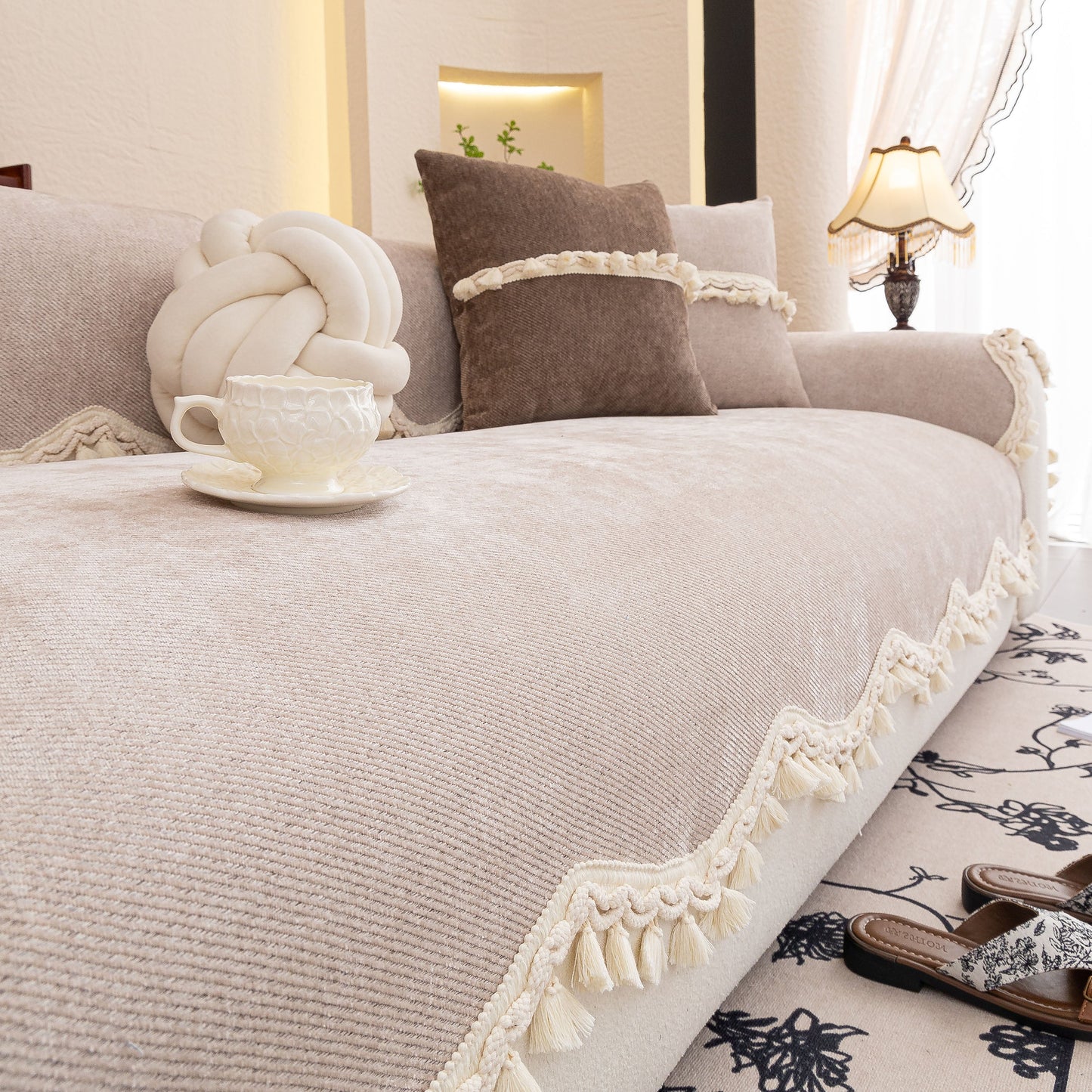 Chenille Sofa Cover Towel – Non-Slip, Washable Pets Couch Protector with Tassels on elegant sofa setup