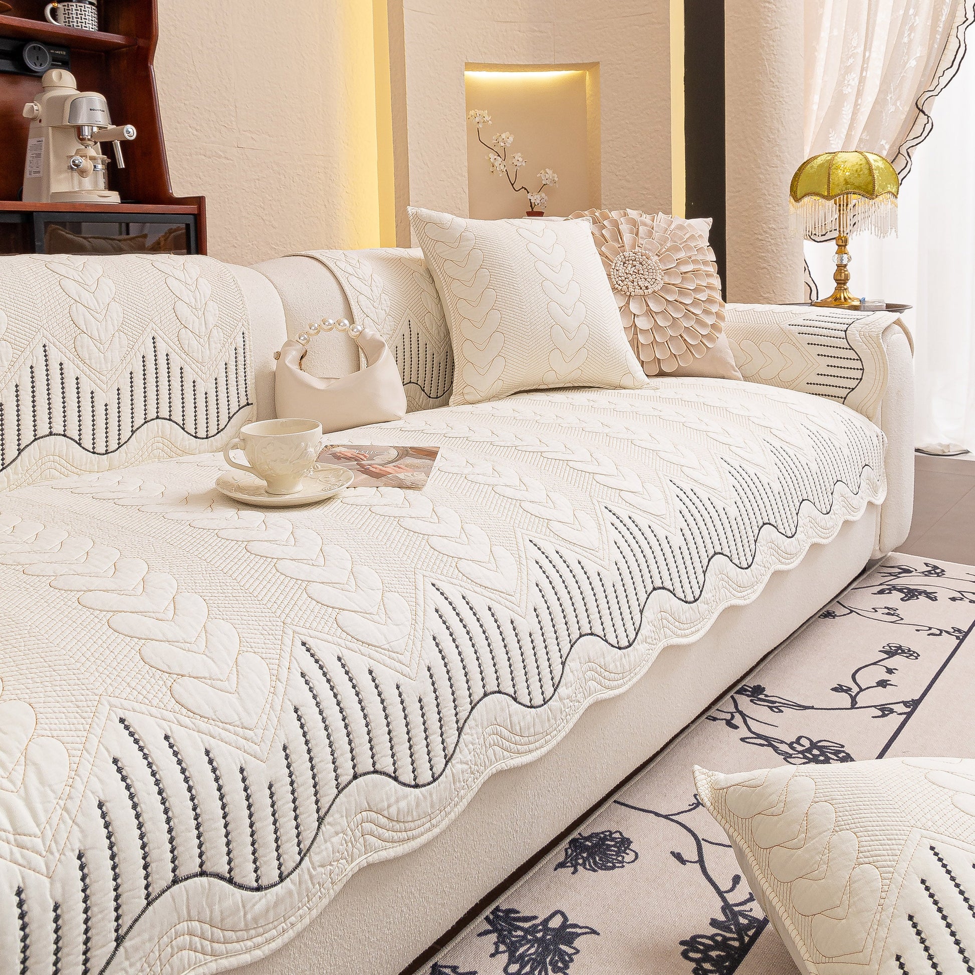 3D Quilted Thick Cotton Sofa Cover Non-Slip Couch Throw for Fabric & Leather Sofas on elegant living room sofa