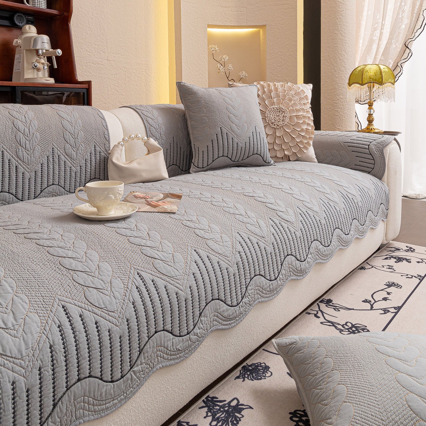3D Quilted Thick Cotton Sofa Cover Non-Slip Couch Throw for Fabric & Leather Sofas in elegant living room setting