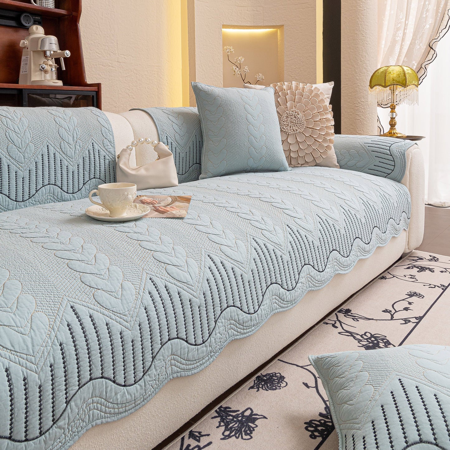 Elegant 3D Quilted Thick Cotton Sofa Cover Non-Slip Couch Throw for Fabric & Leather Sofas in a cozy living room setting