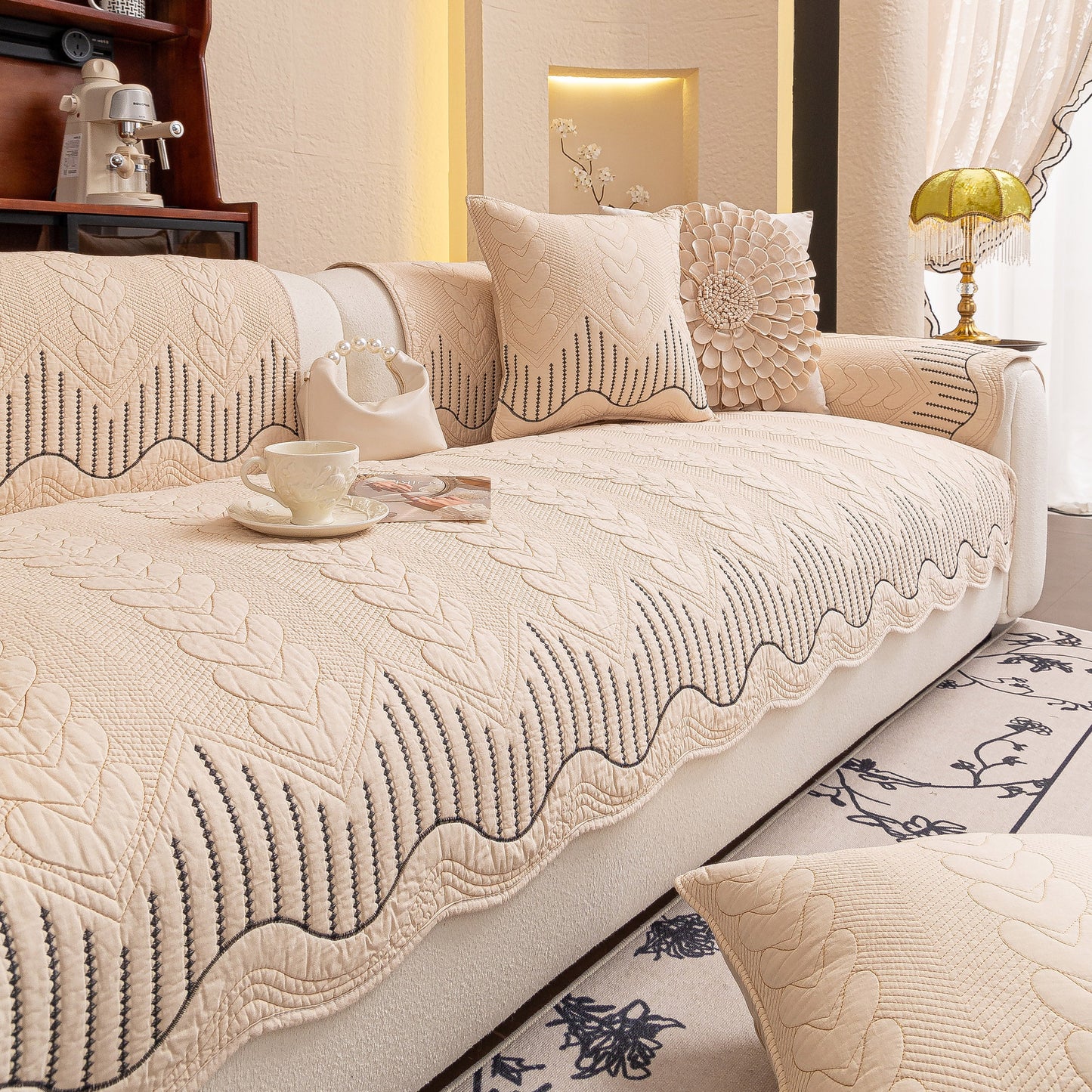 3D Quilted Thick Cotton Sofa Cover Non-Slip Couch Throw for Fabric & Leather Sofas in elegant living room setting