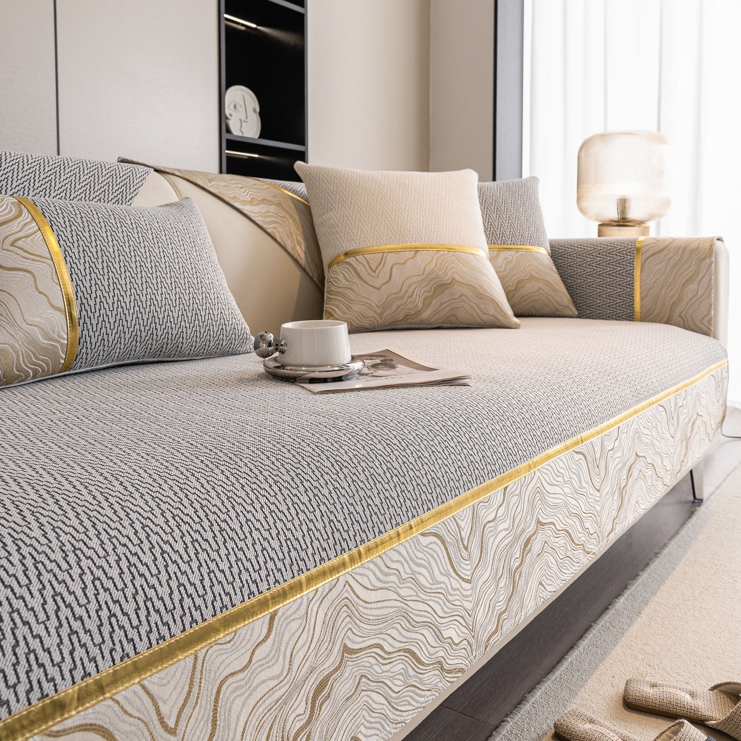 Non-Slip Couch Cover with Gold Trim, Sofa Slipcover for Sectional & Loveseat on elegant chenille sofa with pillows