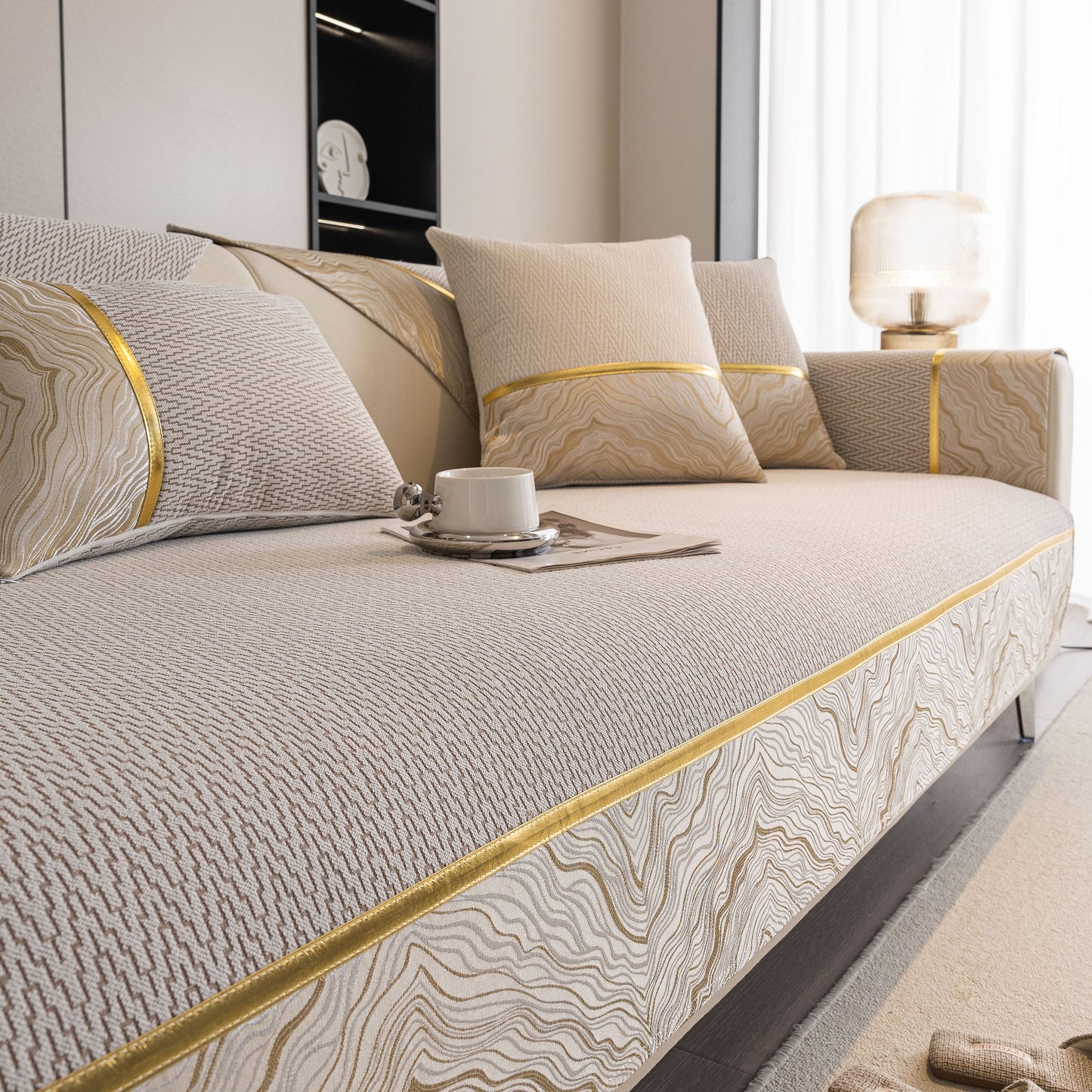 Non-Slip Couch Cover with Gold Trim, Sofa Slipcover for Sectional & Loveseat featuring chenille design and silicone anti-slip dots