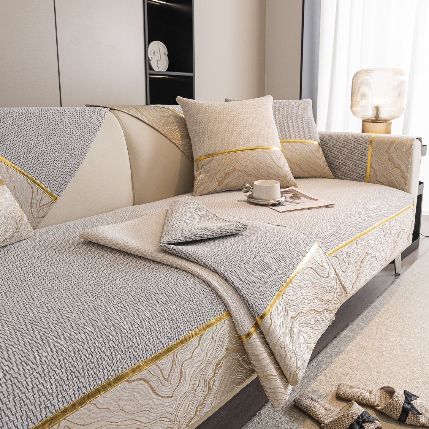 Non-Slip Couch Cover with Gold Trim, Sofa Slipcover for Sectional & Loveseat in chenille with elegant dual-pattern design and anti-slip dots.