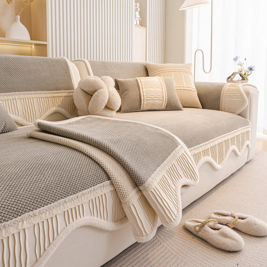 Luxurious beige and gray Dog Washable Sofa Protector Cover, Non-Slip Couch Slipcover with Soft Furry Trim in a cozy living room setting.
