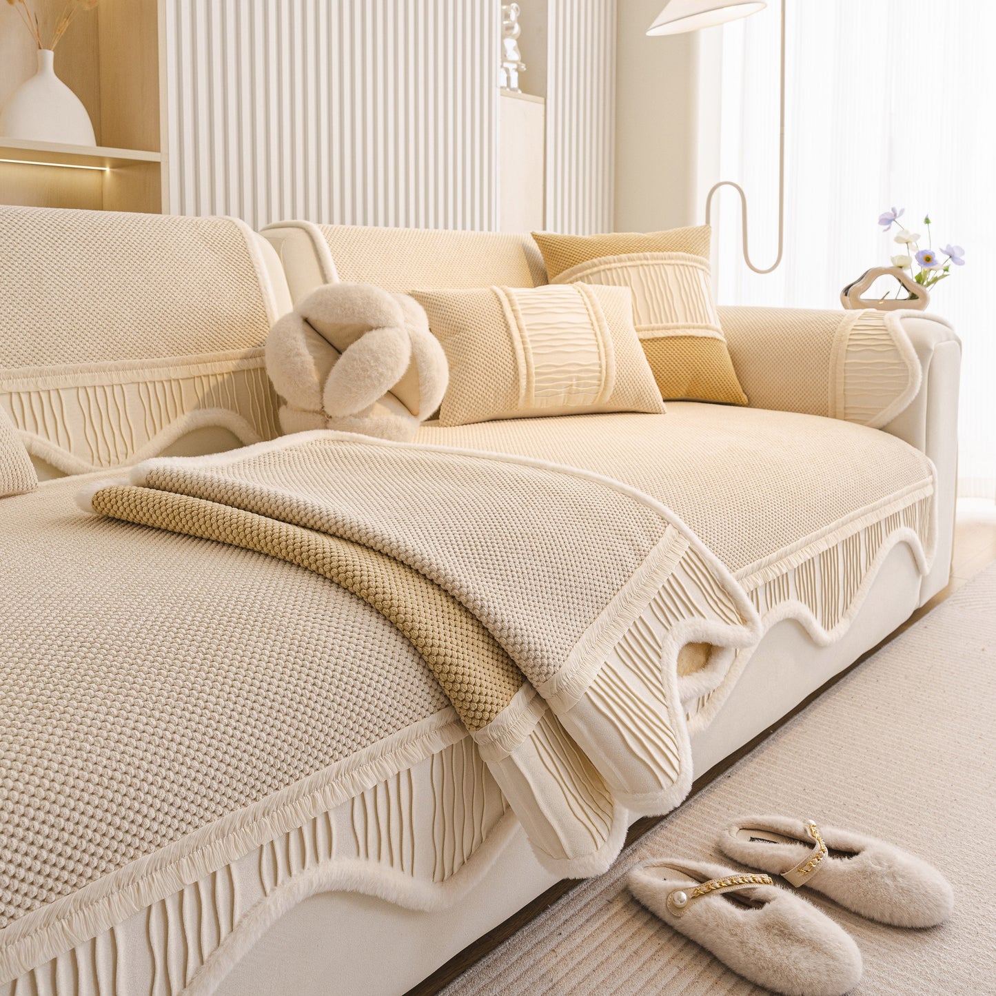 Dog Washable Sofa Protector Cover, Non-Slip Couch Slipcover with Soft Furry Trim in beige showing textured design.