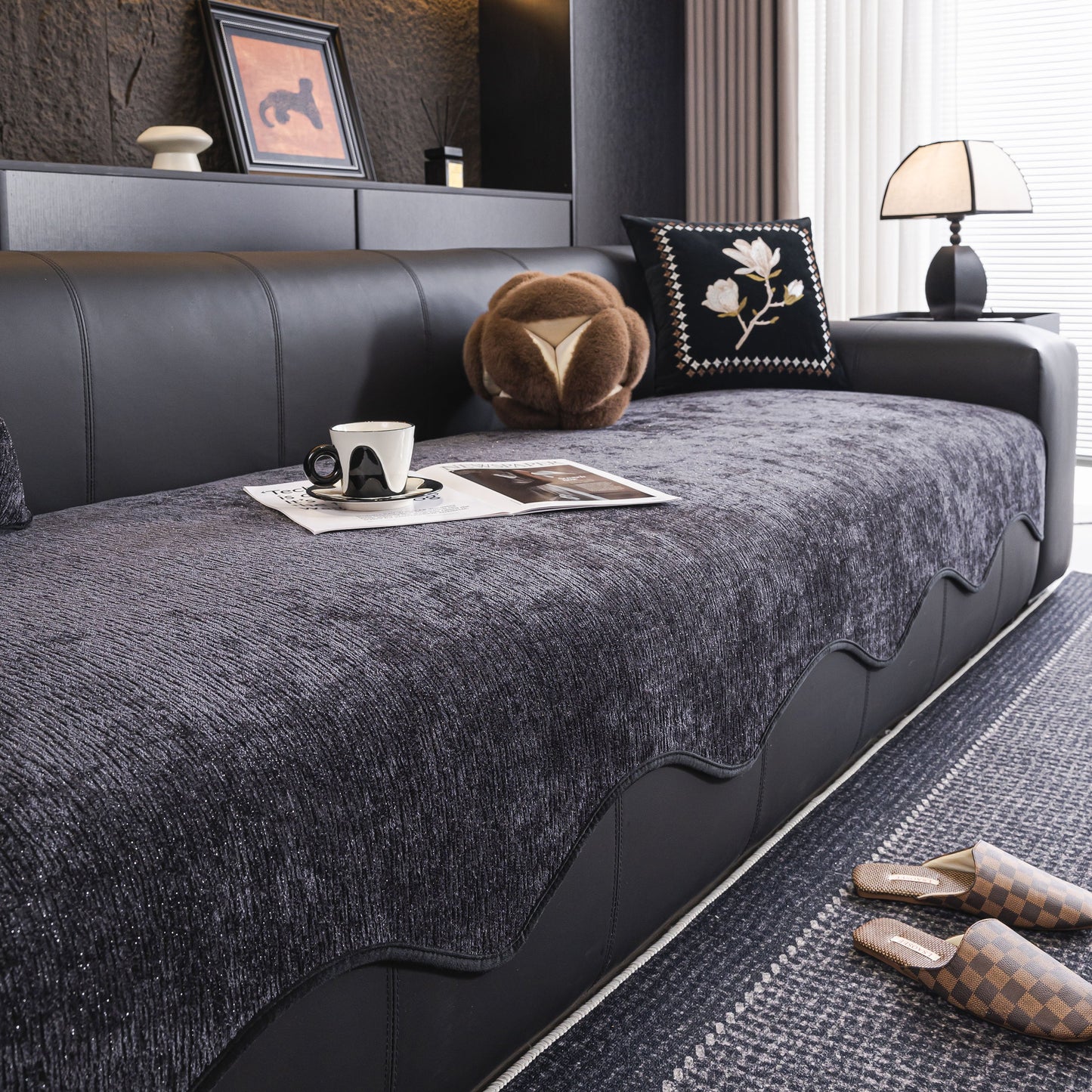 Chenille Couch Cover with Scalloped Edge, Non-Slip Modular Slipcover Sectional on dark sofa.