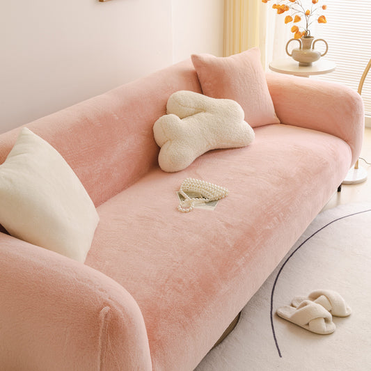 Soft Plush Warm Sofa Cover Stretchable Cozy Velvet Couch Protector for Fall & Winter on a pink couch