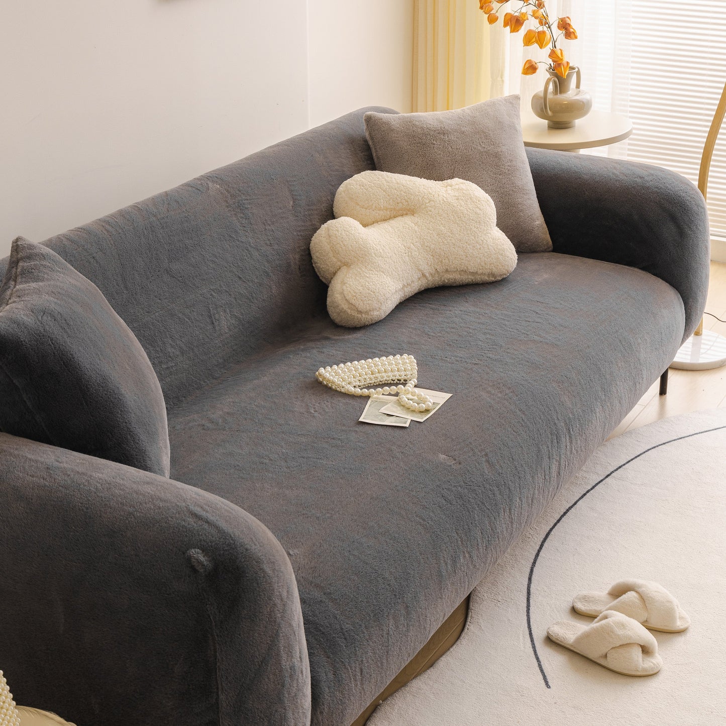 Soft Plush Warm Sofa Cover Stretchable Cozy Velvet Couch Protector for Fall & Winter on a modern living room couch