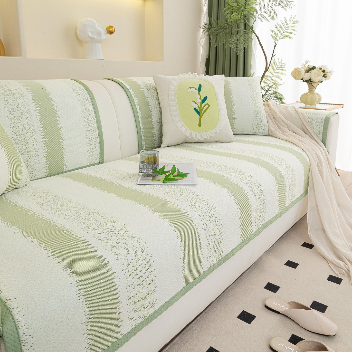 Striped Non-Slip Cooling Couch Cover, Summer Couch Pads for Seat Back Armrest in a modern living room setting.