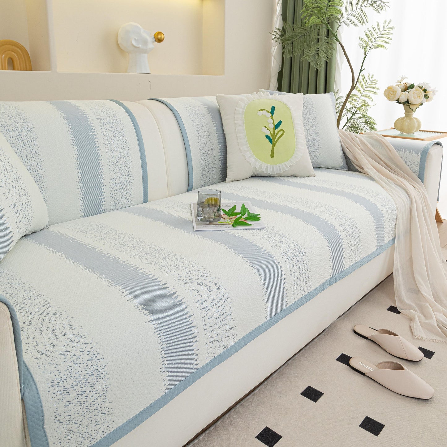 Striped Non-Slip Cooling Couch Cover, Summer Couch Pads for Seat Back Armrest on light blue and white striped sofa with pillow