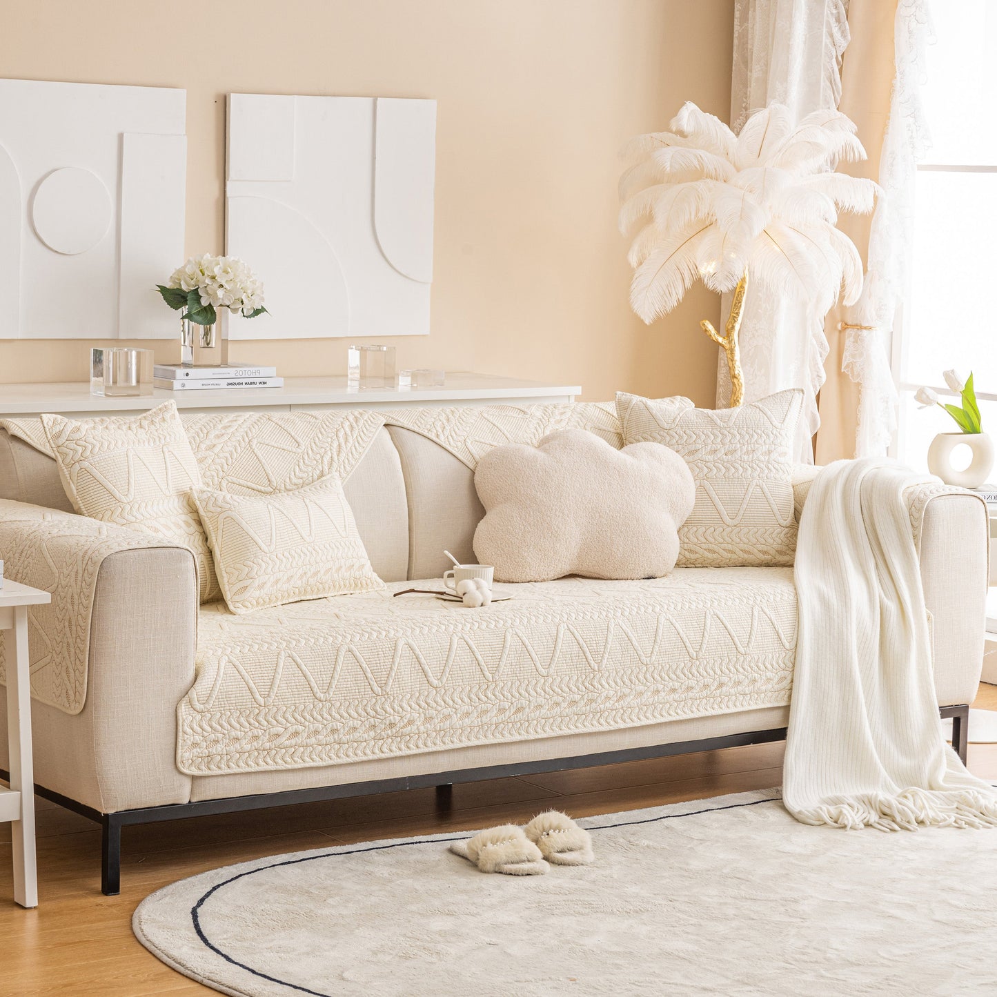 Geometric Textured Cotton Quilted Sofa Cover, Non-Slip Washable Couch Protector in modern living room.