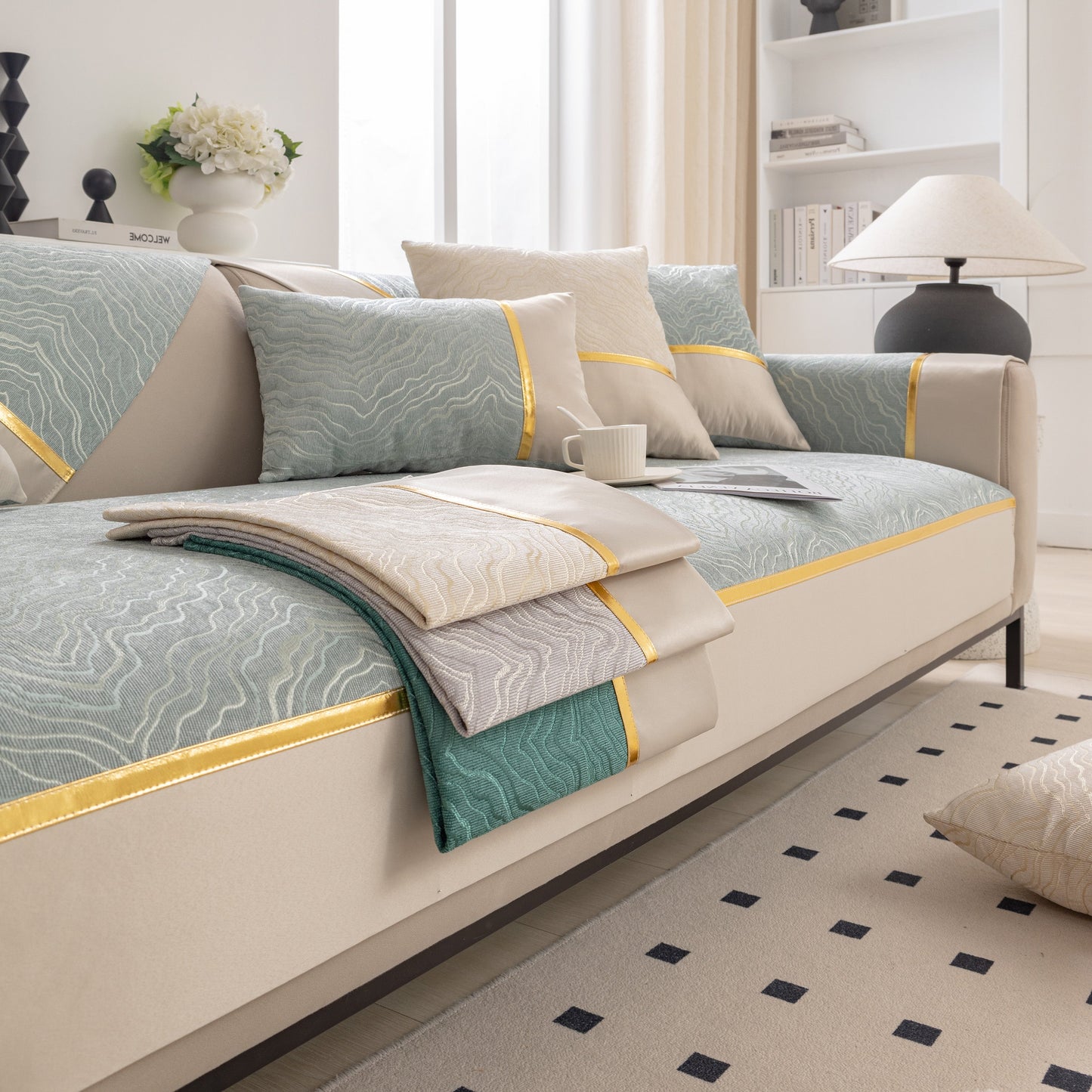 Modular Sofa Cover for Sectionals, Gold Striped Non-Slip Couch Protector with wave pattern texture in living room setting
