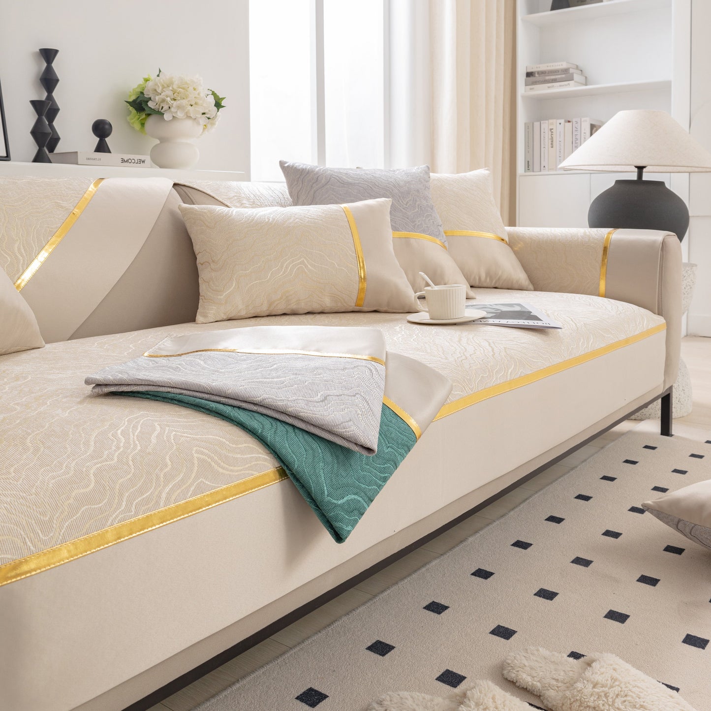 Modular Sofa Cover for Sectionals, Gold Striped Non-Slip Couch Protector elegantly displayed in modern living room setting.