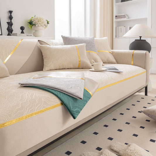 Modular Sofa Cover for Sectionals, Gold Striped Non-Slip Couch Protector elegantly displayed in modern living room setting.