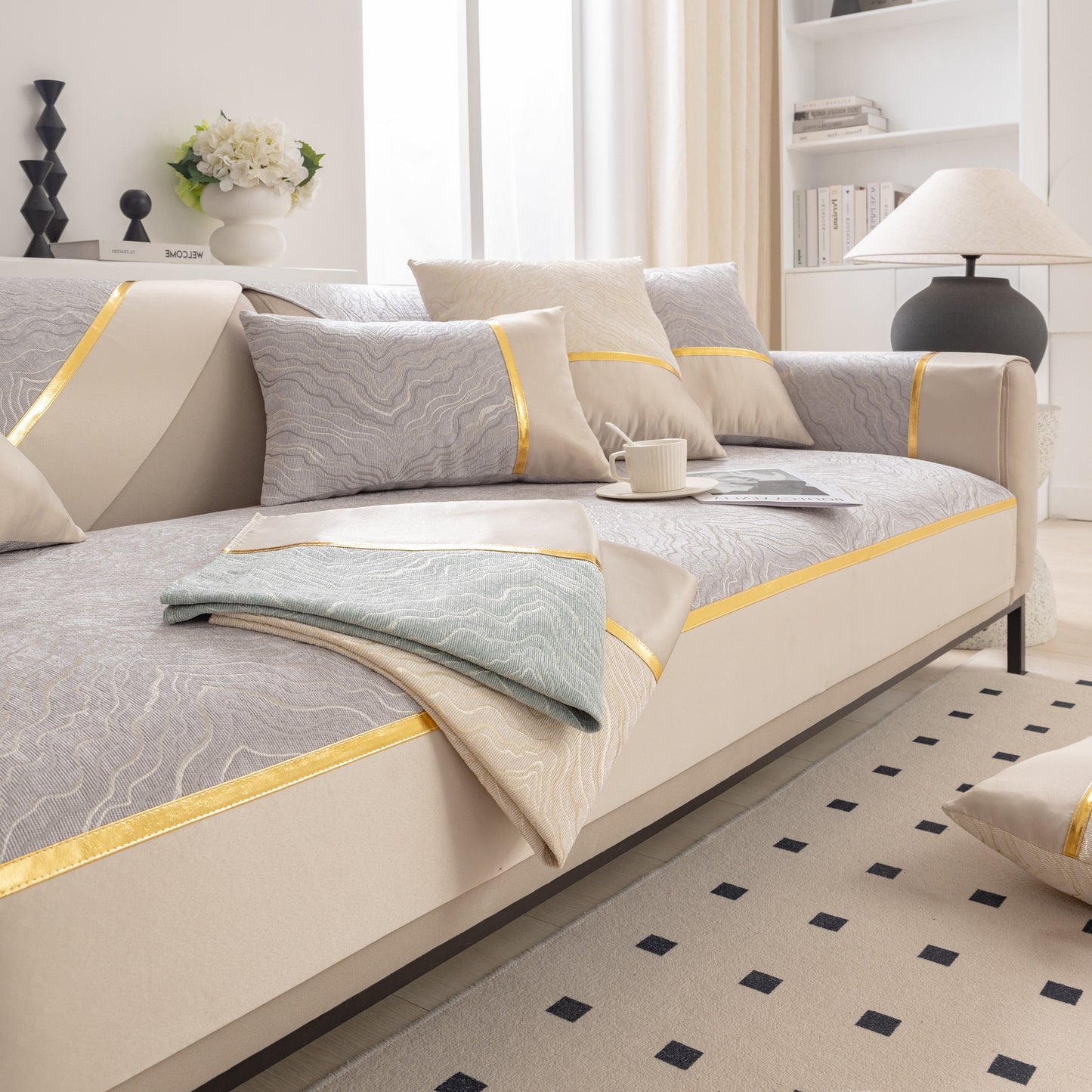 Modular Sofa Cover for Sectionals, Gold Striped Non-Slip Couch Protector in elegant living room setting with decorative pillows