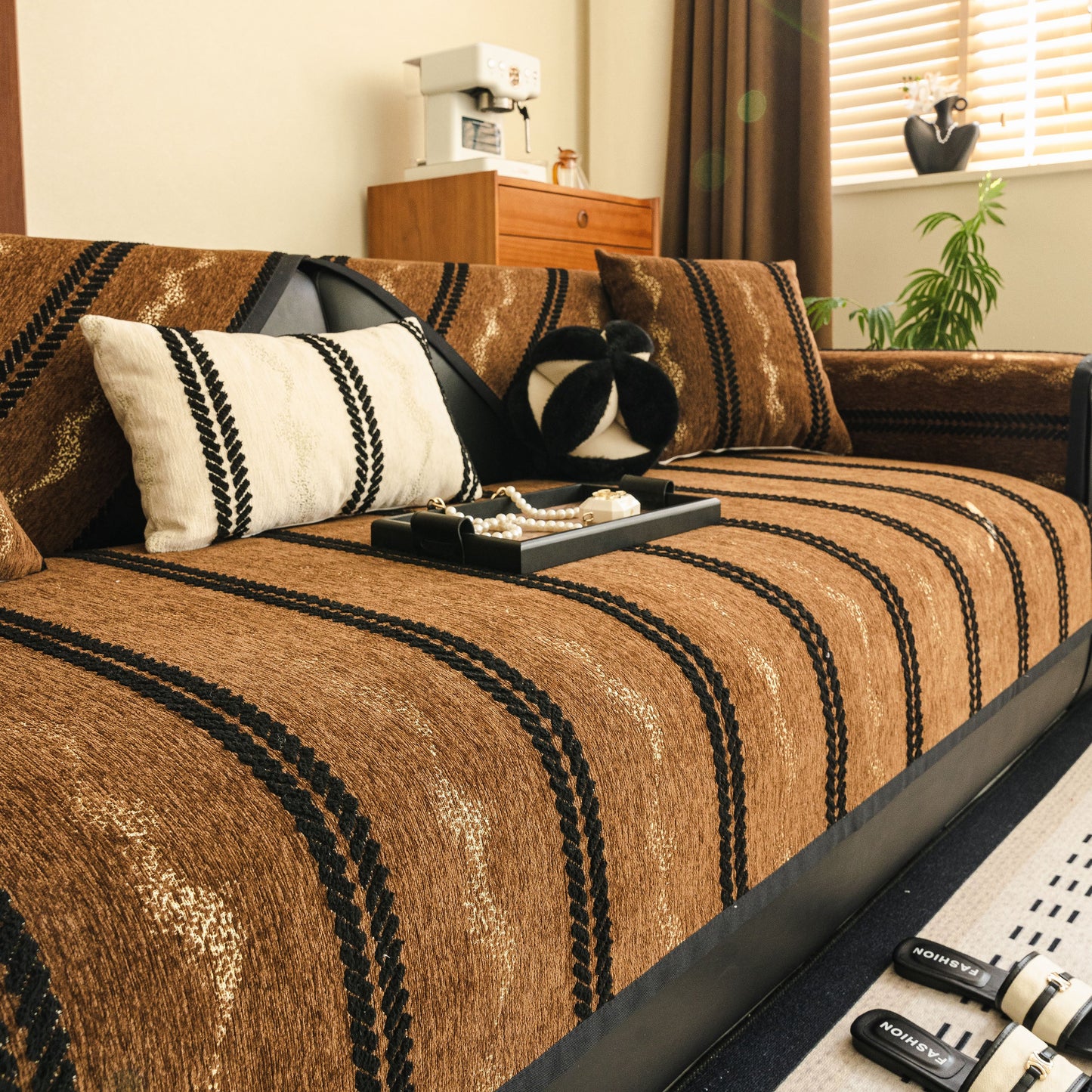 Non-Slip Sofa Cover with Thick Chenille Texture Woven Stripe Couch Protector Throw on brown sofa with stripe pattern