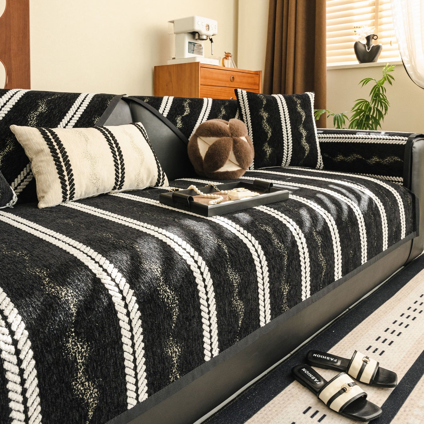 Non-Slip Sofa Cover with Thick Chenille Texture Woven Stripe Couch Protector Throw in living room setting