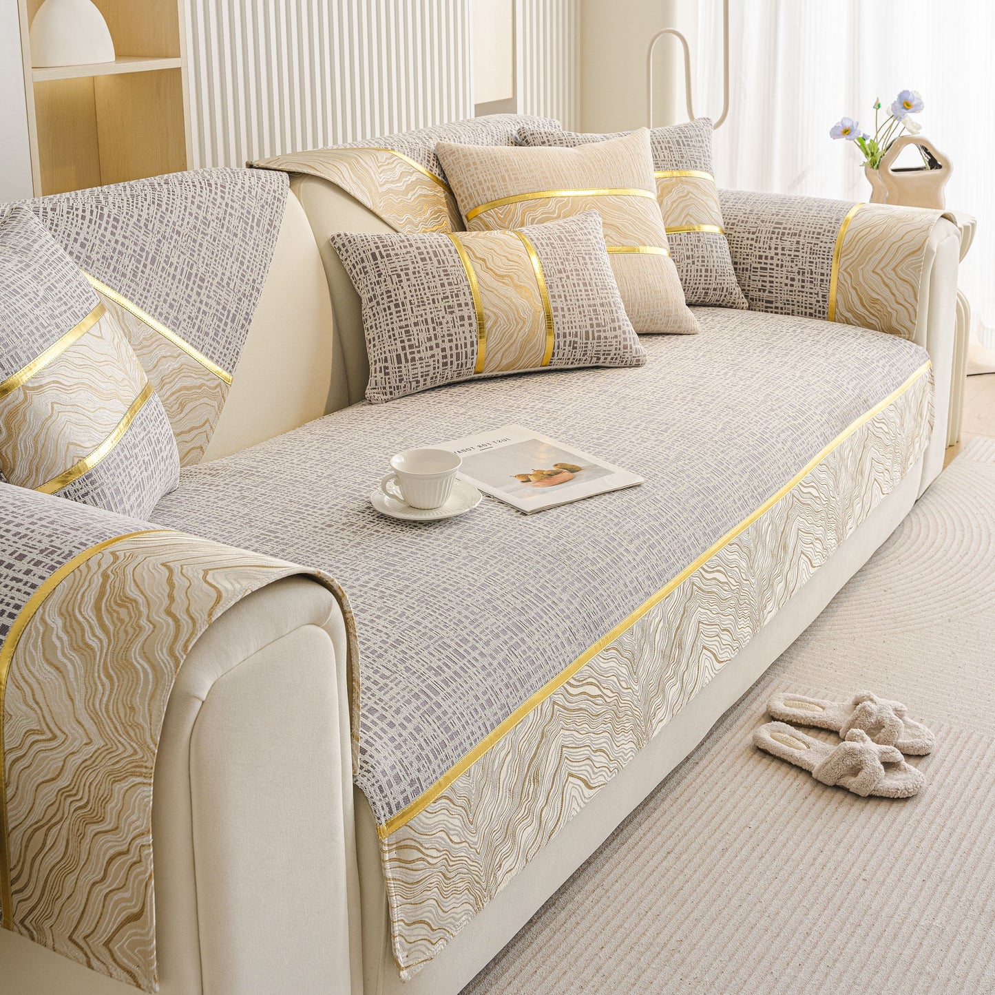 Modern Non-Slip Couch Slipcover, Soft, Durable & Washable Furniture Protector with gold marble-style trim on sofa