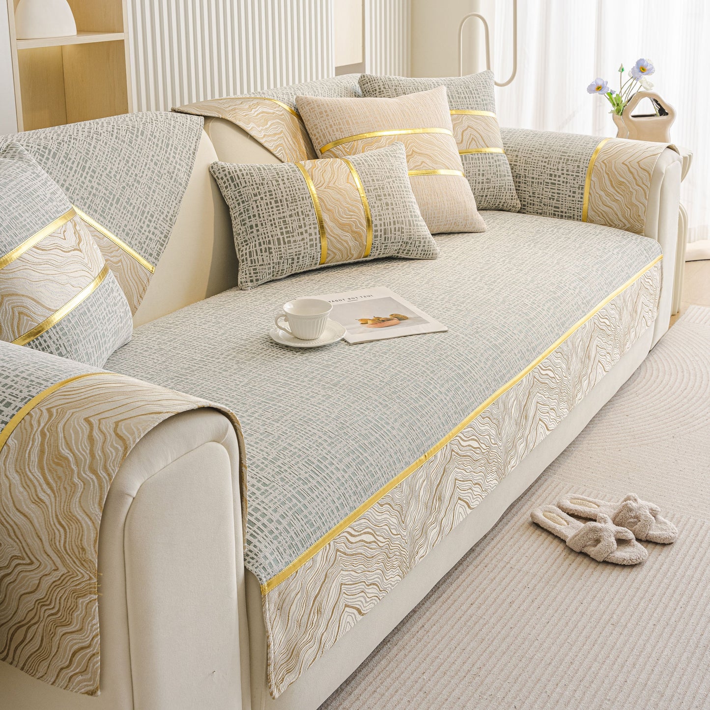 Modern Non-Slip Couch Slipcover, Soft, Durable & Washable Furniture Protector with gold marble-style trim on chenille fabric sofa