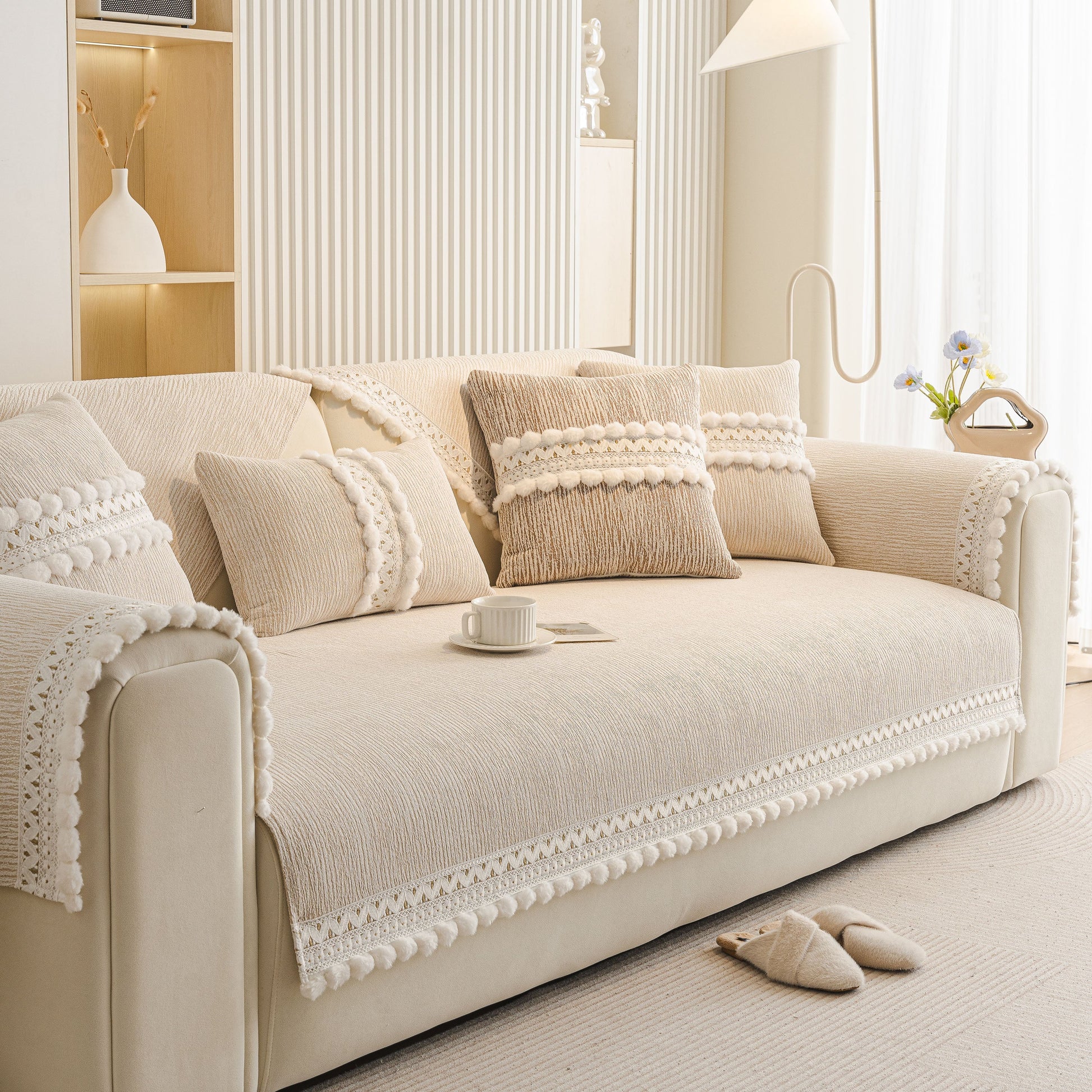 Soft Chenille Sectional Sofa Cover with Pom Pom Trim – Non-Slip Couch Protector in modern living room setting