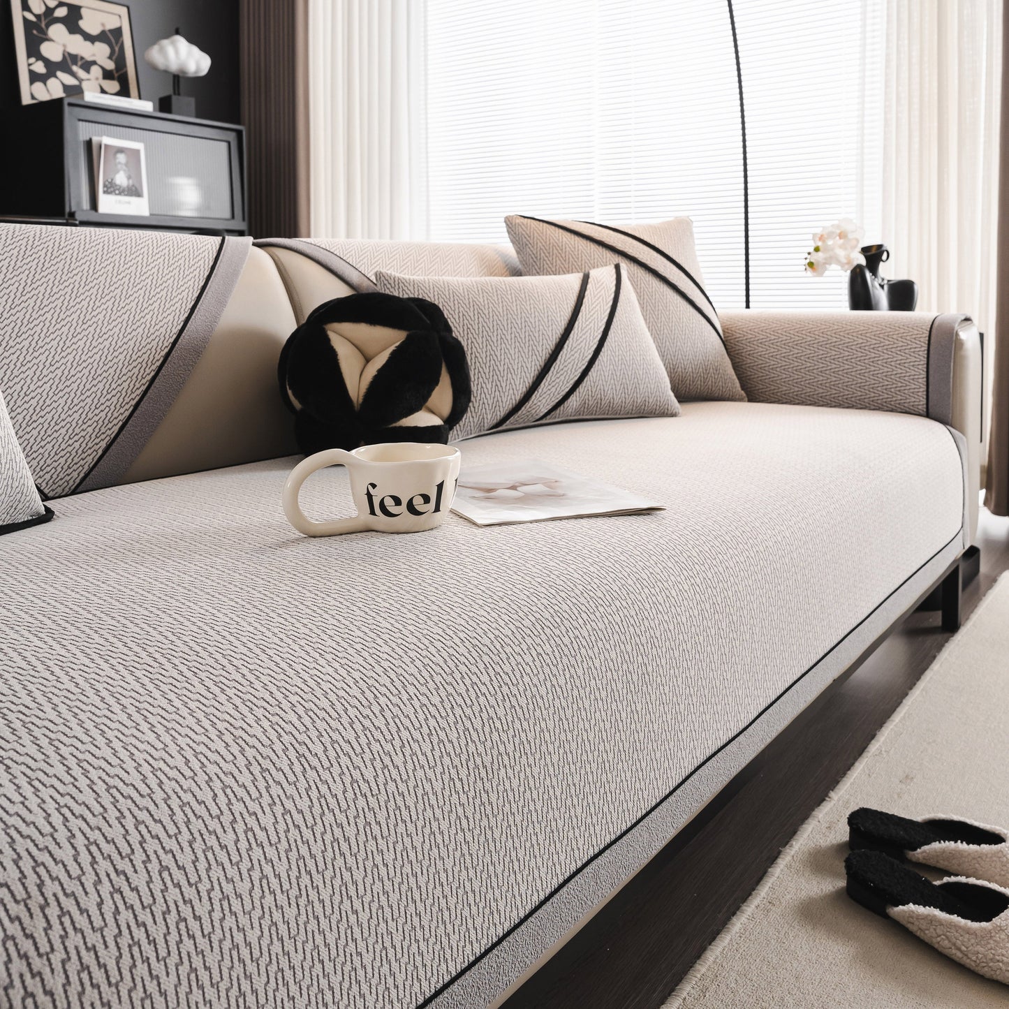 Herringbone Couch Protector for Pets, Non-Slip Washable Sectional Couch Covers on a stylish sofa with pillows and decor.