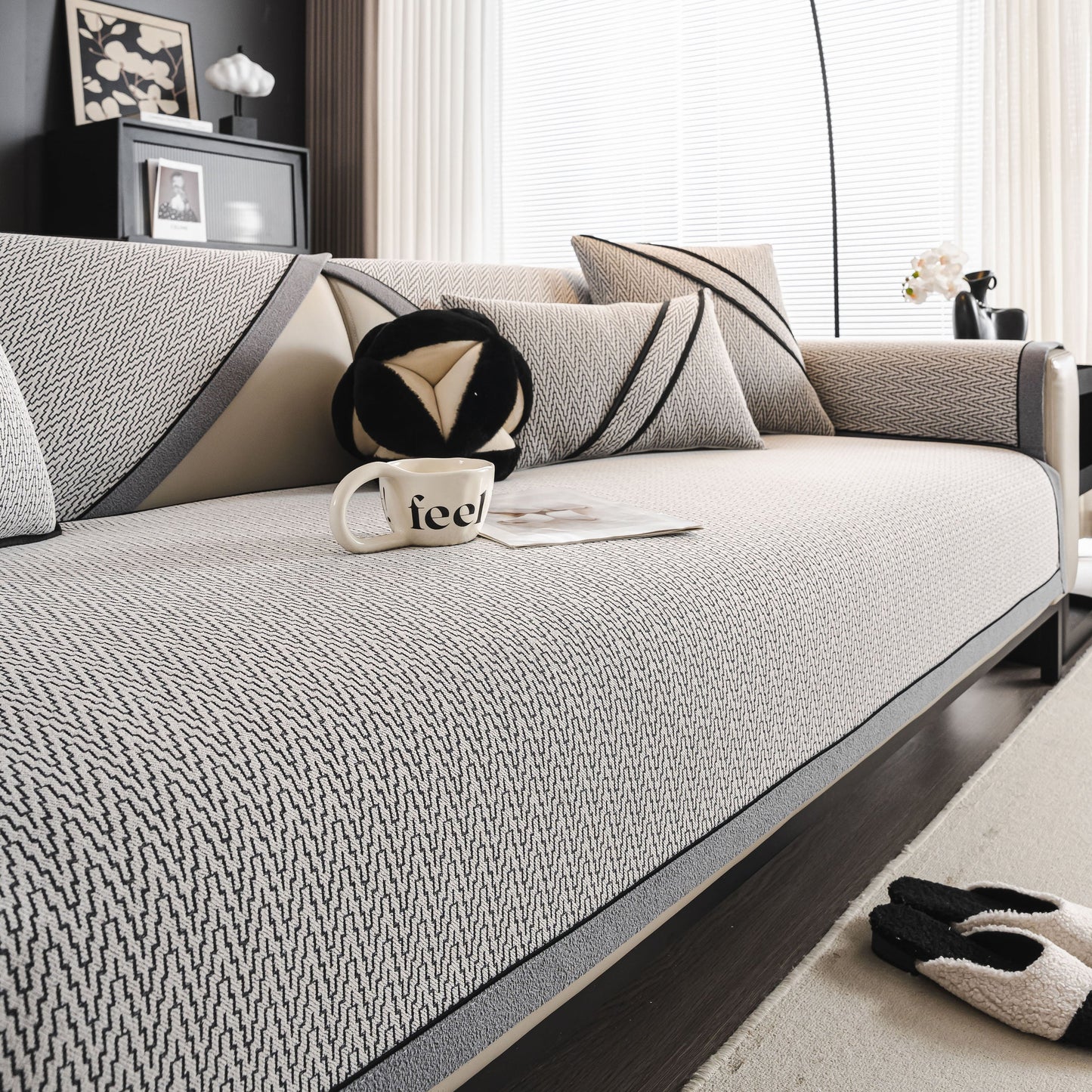 Herringbone Couch Protector for Pets, Non-Slip Washable Sectional Couch Covers on modern sofa