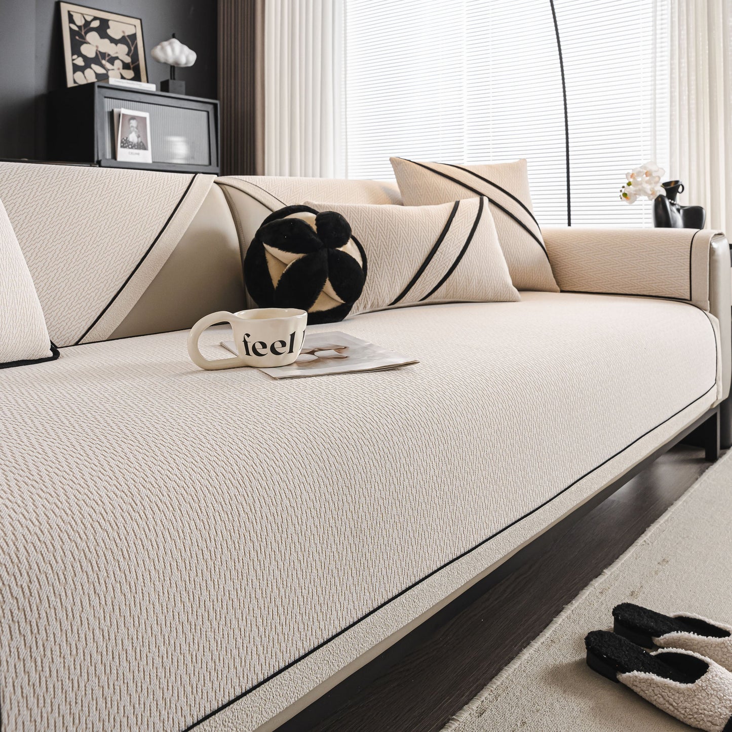 Herringbone Couch Protector for Pets, Non-Slip Washable Sectional Couch Covers on modern sofa with stylish decor.