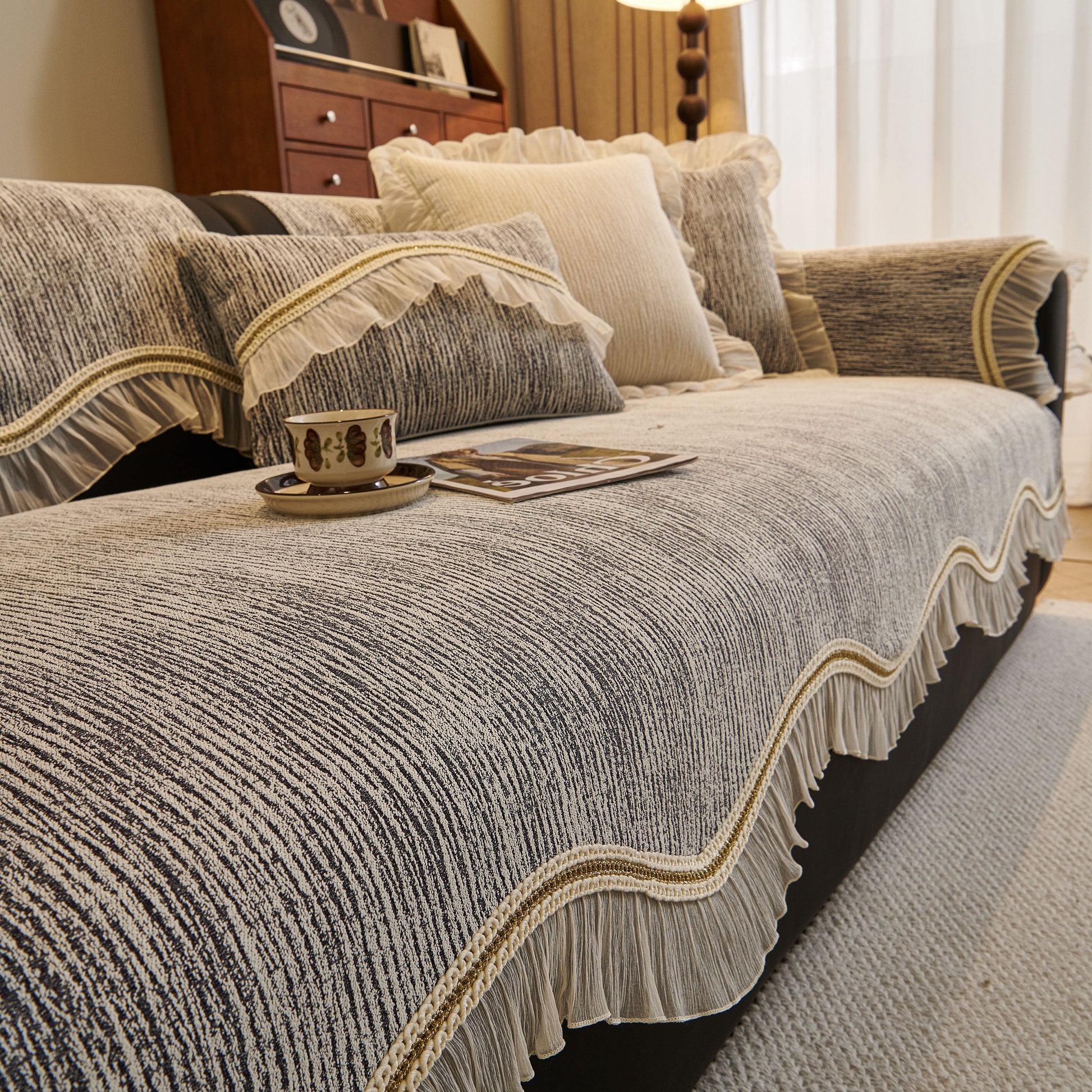 French Vintage Style Couch Cover with Skirt, Non-Slip Sectional Furniture Covers in elegant chenille with gold embroidery and ruffles.