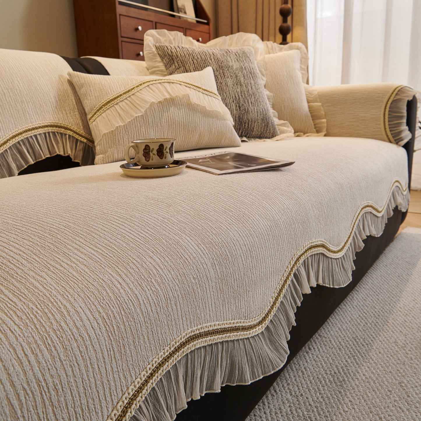 French Vintage Style Couch Cover with Skirt, Non-Slip Sectional Furniture Covers on sofa with decorative pillows.