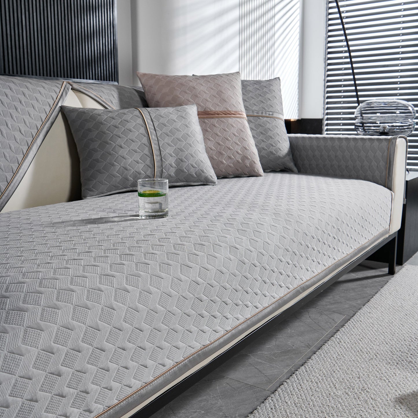 Geometric 3D Sofa Cover, Non-Slip Couch Protector for Seat, Backrest & Armrest with diamond quilted pattern in modern living room