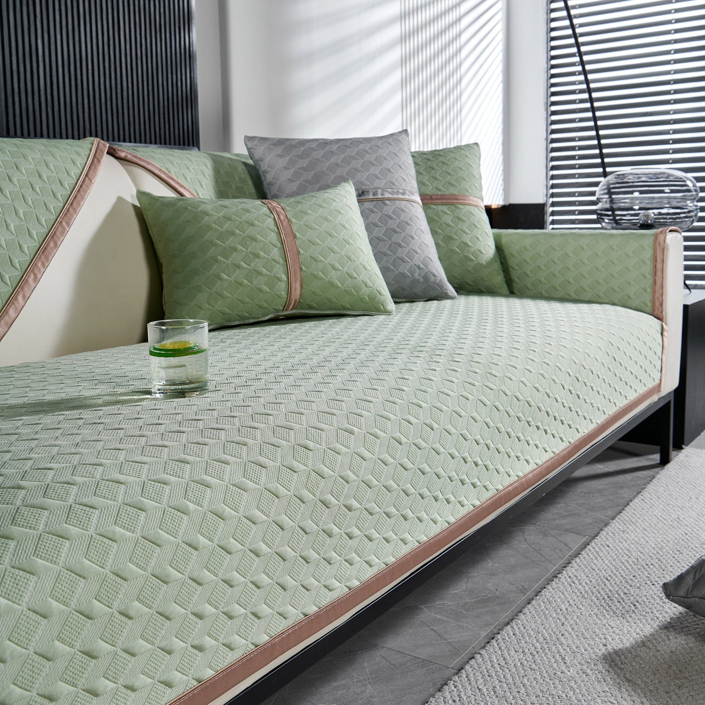 Geometric 3D Sofa Cover, Non-Slip Couch Protector for Seat, Backrest & Armrest in elegant living room setting.